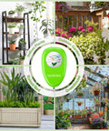 Collage showing indoor plants, raised bed, outdoor garden, and greenhouse with All In One Soil Moisture Meter For Plants displayed.