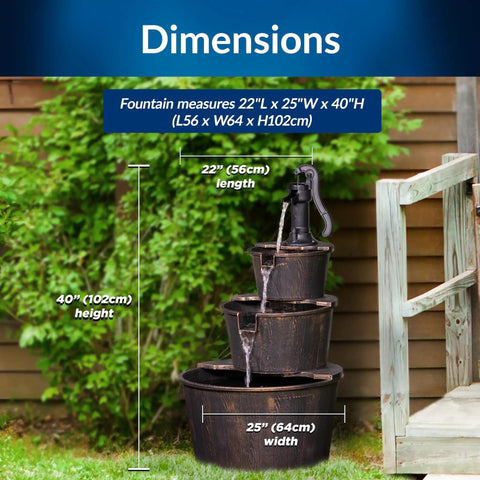 40 Inch Rustic Tiered Barrel Water Fountain For Outdoors with three barrel tiers and old-fashioned pump, showing dimensions