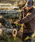 Man using 18 Inch 60V Cordless Chainsaw Tool Only on thick tree limb, showcasing its cutting power and design.