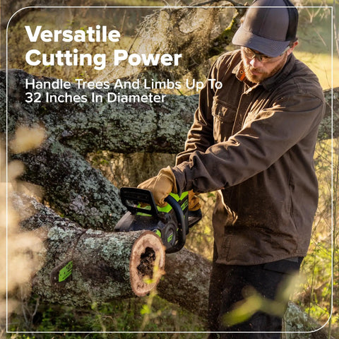 Man using 18 Inch 60V Cordless Chainsaw Tool Only on thick tree limb, showcasing its cutting power and design.
