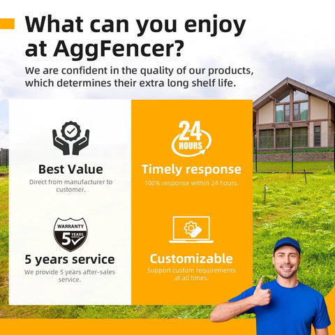 Information about AggFencer's services including value, timely response, 5-year warranty, customization with a smiling person.