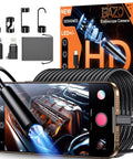 Ultra Clear Endoscope Camera With Light 1920P HD Borescope For Android And iOS Inspections With 8 Adjustable LEDs IP67 Waterproof Semi Rigid Snake Cable 18.04 Ft Long For Tight Spots And Hard To Reach Areas, shown with phone and accessories