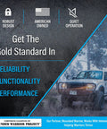 Image of a truck in snowy forest with text highlighting robust design, American ownership, and quiet operation.