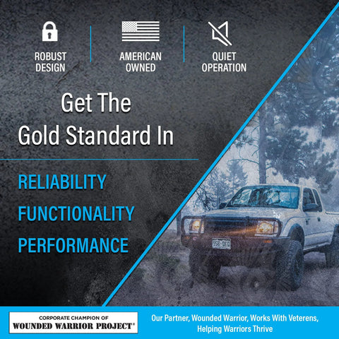 Promotional image highlighting reliability, functionality, performance with an off-road vehicle and Wounded Warrior Project logo.