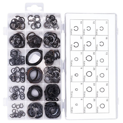 225 Piece C Clip Circlip Snap Ring Retaining Fastener Set For Machinery Vehicles Automotive And Industrial Use Durable Rubber Alloy Steel Black 6mm To 32mm Open End Design For Easy Snap In And Secure Fit Workhorse Kit in plastic case.