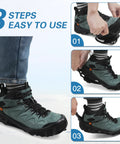 Three-step process of putting on Slip On Ice Cleats Traction Crampons For Snow And Ice, Non Slip Rubber Overshoes With Stretch Fit in X Large Size.