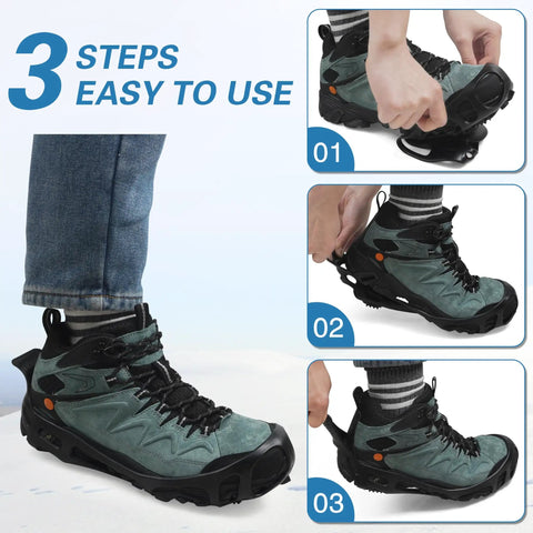 Three-step process of putting on Slip On Ice Cleats Traction Crampons For Snow And Ice, Non Slip Rubber Overshoes With Stretch Fit in X Large Size.