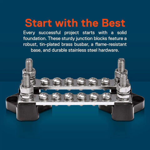 Hardcore 12V Power Distribution Terminal Block And Battery Bus Bar Kit With Insulated Negative Positive Terminals For Trucks RV Boats And ATV Rigs, showing robust brass busbar.