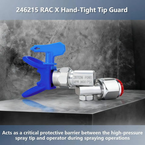 Close-up of 7/8 Inch RAC X Hand Tight Tip Guard with Blue Base G7/8 Thread Reversible Spray Nozzles for Graco Spray Equipment.