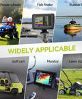 Collage showing applications of 12V 25Ah LiFePO4 Deep Cycle Battery for scooter RV and outdoor camping replacement for lead acid.