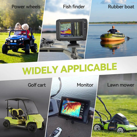 Collage showing applications of 12V 25Ah LiFePO4 Deep Cycle Battery for scooter RV and outdoor camping replacement for lead acid.