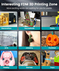 Grid of 3D printed items in arts, jewelry, outdoor, hobby, games, and toys categories labeled 'Interesting FDM 3D Printing Zone'