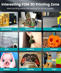 A collage of 3D printed items including decorations, a model house, tools, arts, jewelry, a pumpkin, a bunny, a game controller, and toys.