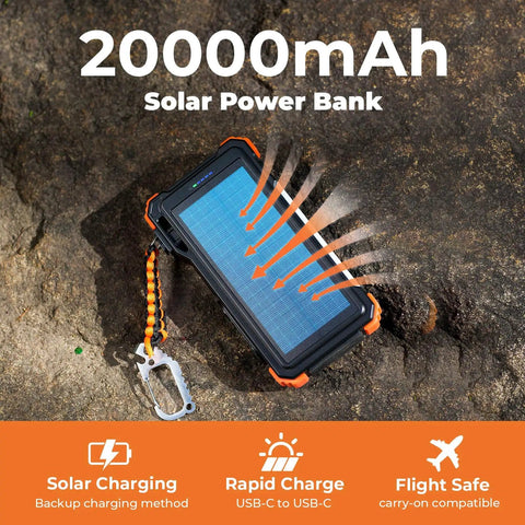 Beast Power Bank 20000mAh with solar charging on rocky surface, orange trim, built-in carabiner, flight-safe features.