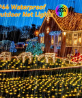 House decorated with IP44 waterproof outdoor net lights in rainy weather, highlighting festive setup with glowing reindeer.