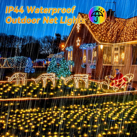 House decorated with IP44 waterproof outdoor net lights in rainy weather, highlighting festive setup with glowing reindeer.