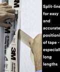 Applying All-Weather Adhesive Flashing Tape 8067, 3 in x 75 ft, on wood frame with split liner visible