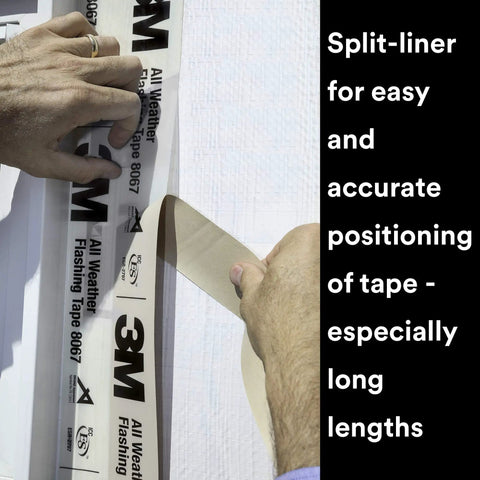 Applying All Weather Flashing Tape 6 Inch By 75 Foot Roll With Adhesive Backed Split Liner Waterproof Seal to wall opening