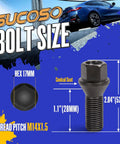 Premium Grade Heavy Duty 14x1.5 Conical Seat Oem Replacement Lug Bolts For Bmw Audi Vw Rig Swaps with measurements and hex size.