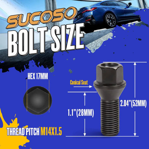 Premium Grade Heavy Duty 14x1.5 Conical Seat Oem Replacement Lug Bolts For Bmw Audi Vw Rig Swaps with measurements and hex size.
