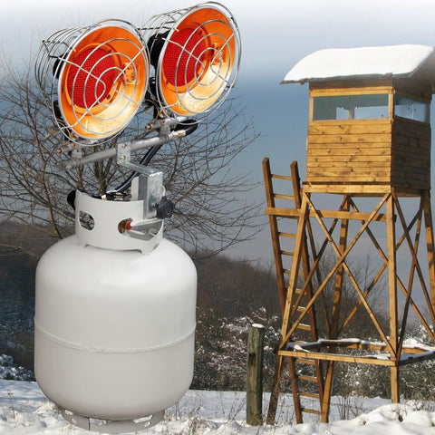 Infrared Tank Top Outdoor Heater With Propane For Camping And Patios Double Burner 30,000 BTU Easy Hookup shown in snowy setting