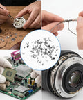 Hands working with precision tools and straight up premium watch battery clamp screws assortment kit for repairs.