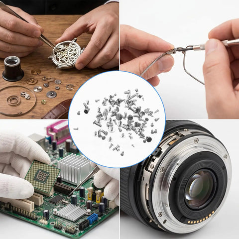 Hands working with precision tools and straight up premium watch battery clamp screws assortment kit for repairs.