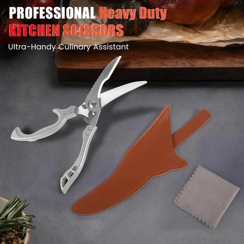 Heavy Duty Stainless Steel Kitchen Scissors Spring Loaded Poultry Shears For Bone And Meat Tenderizing Ultra Sharp Multipurpose Utility Scissors For Chicken Fish Turkey And Vegetables Boss Level Home Cook Or Chef Favorite, with cover