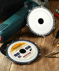 Heavy Duty Four Pack Of 4-1/2 Inch Wood Carving Discs With 7/8 Inch Arbor alongside angle grinder and screws.
