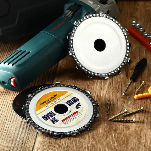 Heavy Duty Four Pack Of 4-1/2 Inch Wood Carving Discs With 7/8 Inch Arbor alongside angle grinder and screws.
