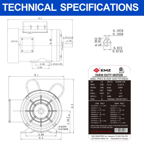 Straight Up Heavy Duty 1.5 HP Farm Duty Electric Motor Runs Smooth At 1725 RPM with technical specifications diagram.