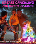 Family using Colorful Fire Packets for Campfires and Fire Pits, Flame Color Changing Powder, 25 Packets to enjoy vibrant flames.