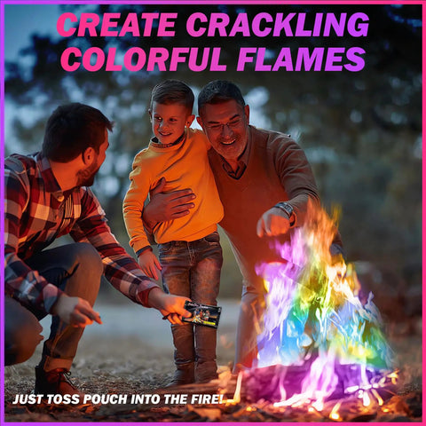 Family using Colorful Fire Packets for Campfires and Fire Pits, Flame Color Changing Powder, 25 Packets to enjoy vibrant flames.