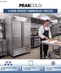 Heavy Duty Commercial 2 Door Stainless Steel Freezer 47 Cubic Feet Capacity with adjustable shelves in kitchen