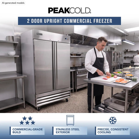 Heavy Duty Commercial 2 Door Stainless Steel Freezer 47 Cubic Feet Capacity with adjustable shelves in kitchen