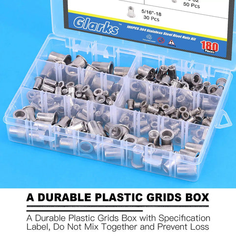 Must-Have Rivet Nut Kit 180 Pcs 304 Stainless Steel Flat Head Nutserts For Auto Home And Shop Repairs Includes 8-32 10-24 1/4-20 5/16-18 3/8-16 Rivet Nuts In A Tough Organizer