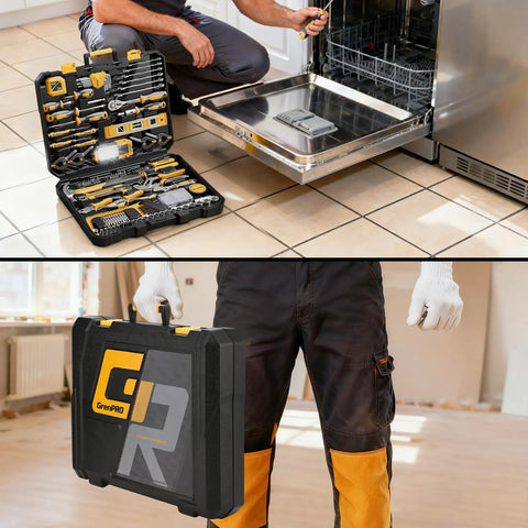 239 Piece Tool Kit For Home And Auto All Purpose DIY Set with Portable Box beside open dishwasher, person holding case