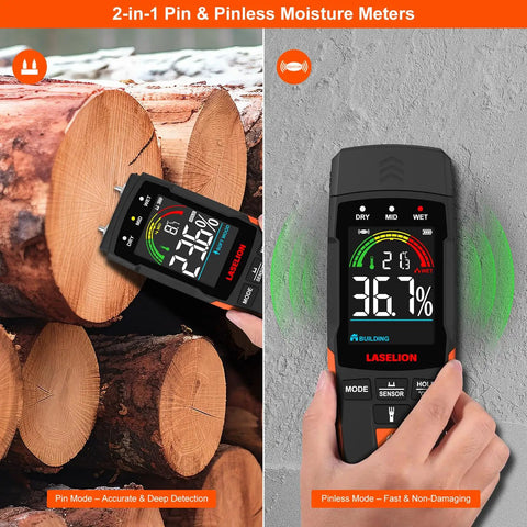 2-In-1 Pin And Pinless Pro-Grade Moisture Meter MS03 For Wood, Concrete, Drywall And More With LCD Display, Hold Function, Flashlight, Auto Power Off, And Non-Destructive Pinless Mode For Delicate Surfaces.