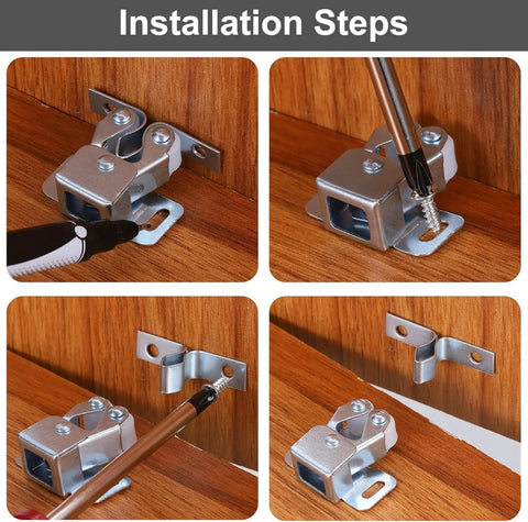 Installation steps for Stainless Steel Double Roller Door Catches for Cabinets and Furniture with screws and colorful finish