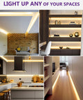 Collage of rooms illuminated by 24V LED Strip Lights 26.2ft Warm White 3000K Cuttable Tape With Self Adhesive Backing 1325 Lumens Per Meter CRI Greater Than 95 IP20 UL Listed For Bedroom Kitchen Under Cabinets Easy DIY Install Power Supply Not Included.