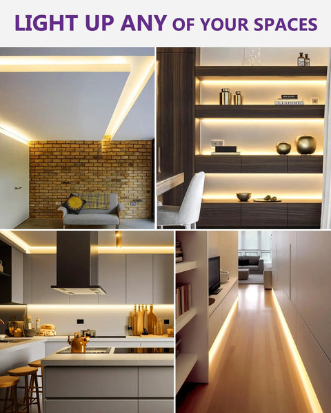 Collage of rooms illuminated by 24V LED Strip Lights 26.2ft Warm White 3000K Cuttable Tape With Self Adhesive Backing 1325 Lumens Per Meter CRI Greater Than 95 IP20 UL Listed For Bedroom Kitchen Under Cabinets Easy DIY Install Power Supply Not Included.