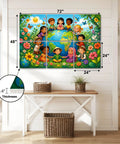 6 Pack Sound Absorbing Acoustic Wall Panels With Totally Dope Floral Butterfly And World Globe Design For Home Recording Studios Self Adhesive Noise Blocking Acoustic Tiles, 72" x 48" wall art displaying children around globe.
