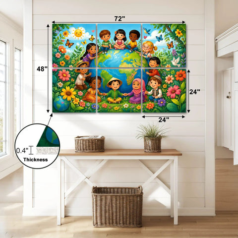 6 Pack Sound Absorbing Acoustic Wall Panels With Totally Dope Floral Butterfly And World Globe Design For Home Recording Studios Self Adhesive Noise Blocking Acoustic Tiles, 72" x 48" wall art displaying children around globe.