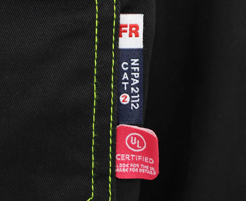 Heavy Duty Flame Resistant Work Shirt For Men Features Slick Brushed Cotton Cut With Snap Down Collar And Stain Repellent Finish Built Tough For Daily Job Site Hustle tags and labels
