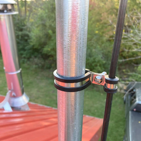 Close-up of Six Pack P Clamps Rubber Insulated Clips for UTV Windshield Wires 44mm Diameter mounted on a metal pipe outdoors