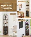 Industrial 4 Tier Corner Shelf With Cabinet Doors And Metal Frame Freestanding Brown Bookcase in living and garden setup