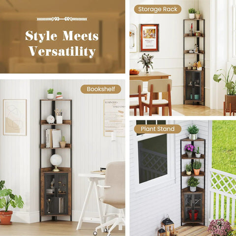 Industrial 4 Tier Corner Shelf With Cabinet Doors And Metal Frame Freestanding Brown Bookcase in living and garden setup