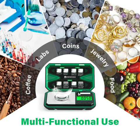 Ultra Precise Milligram Scale 0.001g With 50g Capacity For Jewelry Gold Powders And Coins displayed with various uses in background