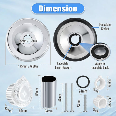 Dimensions of Tub And Shower Trim Kit For Moen Posi-Temp Single Handle Valves with gaskets, screws, and knob handle.