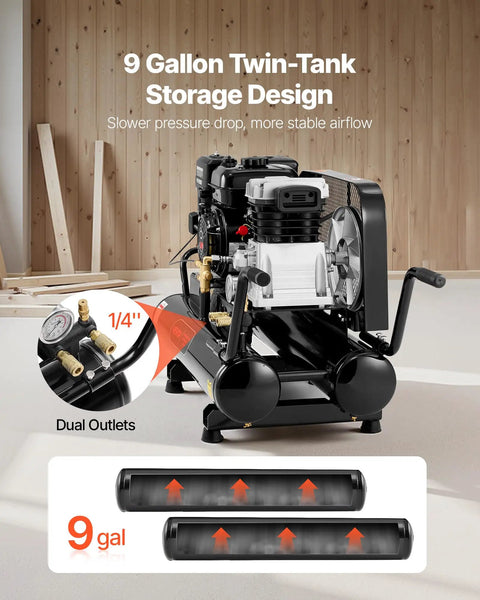 VEVOR 9 Gallon Twin-Tank Gas Powered Air Compressor, 6.5HP 9CFM Piston Pump, Max 115PSI, Mobile On Wheels For Tire Inflation Auto repairs And Spray Painting Heavy Duty Power